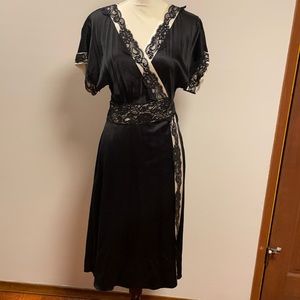 BCBG MaxAzria black satin wrap dress, lace trimmed, size S